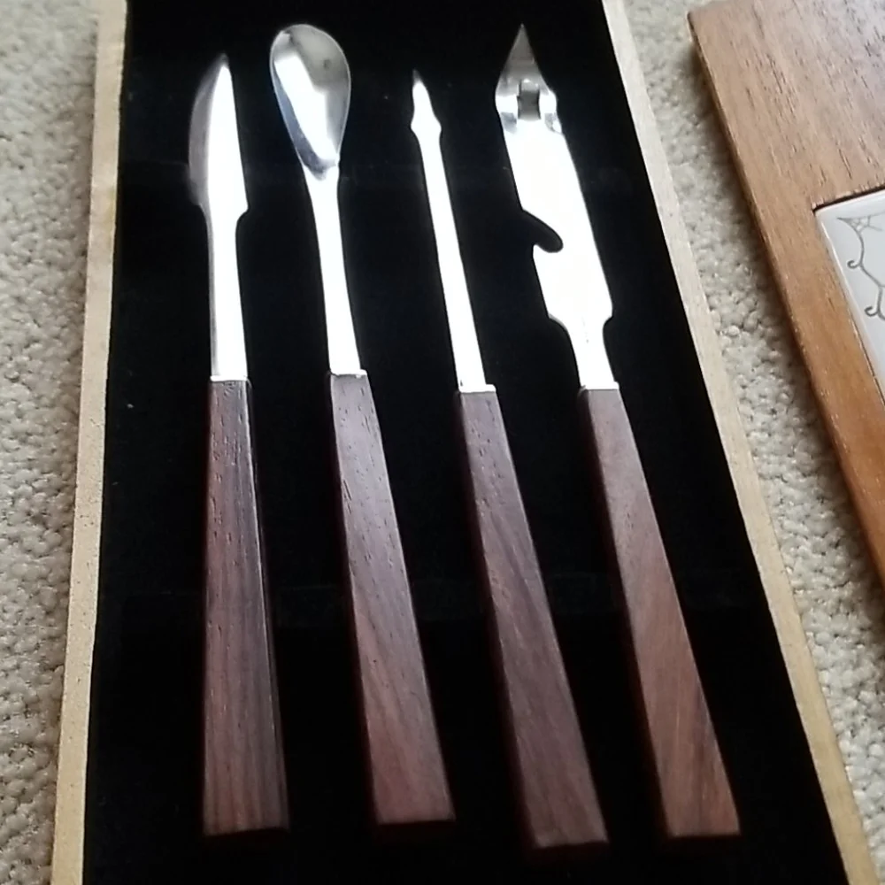 Mid Century Modern Teak & Stainless 4-PC Bar Tool